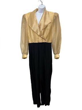 Vtg J.R. Nites Caliendo‎ 80s Black Gold Sheer Wrap Top Evening Jumpsuit Sz 12